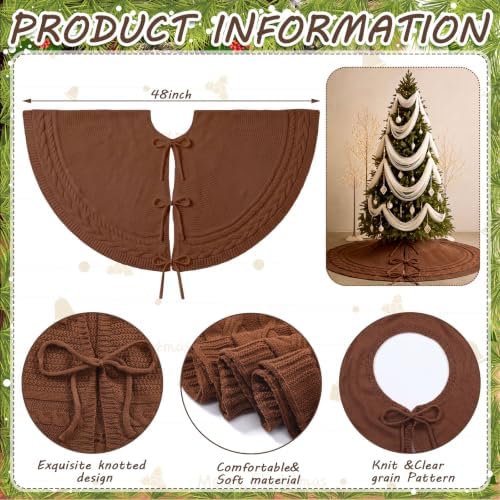 Hollowfly 48 Inch Brown Christmas Tree Skirt for 7.5ft Tree Cable Knitted - Image 3