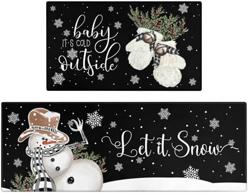 Christmas Kitchen Rugs and Mats Set of 2,Winter Snowman Let It Snow Snowflake Knitted Gloves Xmas Holiday Sink Floor Mat Non Skid Washable for Home Farmhouse Christmas Decor 17"x47"+17"x30" by Xsinufn