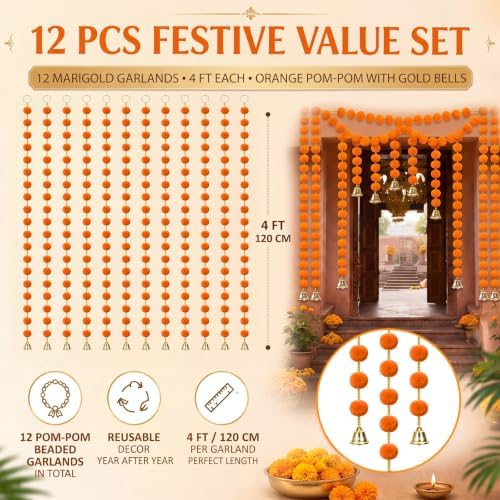 Suncalla 12 Pcs 4 Ft Marigold Garland Gold Bell,Orange - Image 2