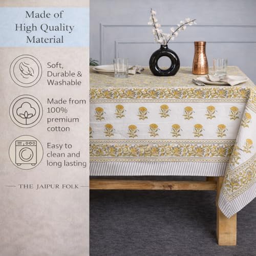 TJF Yellow Hibiscus Hand Block Print Rectangular Tablecloth 108 x 72 Inch - Image 2