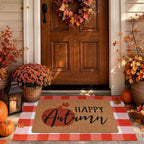 2-Piece Fall Front Door Mat Set, Layered Coir & Orange White Plaid Mats by PIXFAIRY