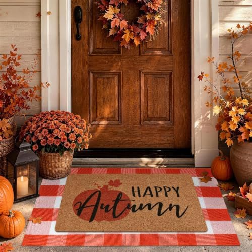 2-Piece Fall Front Door Mat Set, Layered Coir & Orange White Plaid Mats by PIXFAIRY