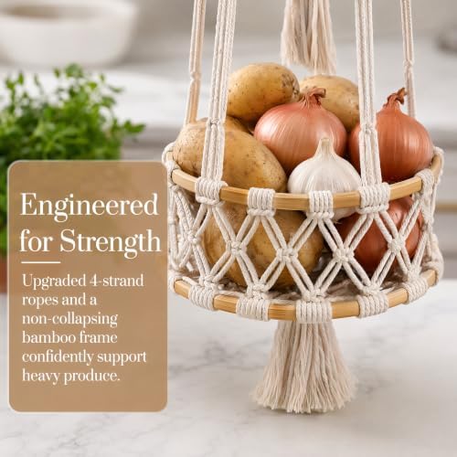 Macrame Hanging Fruit Basket, 3-Tier Boho Kitchen Storage(Pink) - Image 6