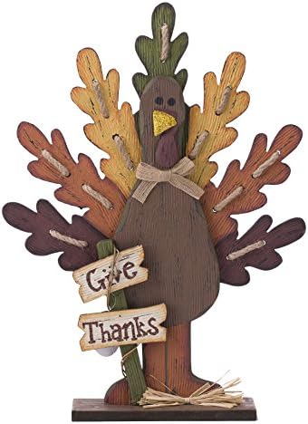 Glitzhome 18" H Thanksgiving Turkey Figurine Tabletop Decor, Wooden Turkey Table Decoration with Give Thanks Sign for Thanksigiving Fall Home Decoration by Glitzhome