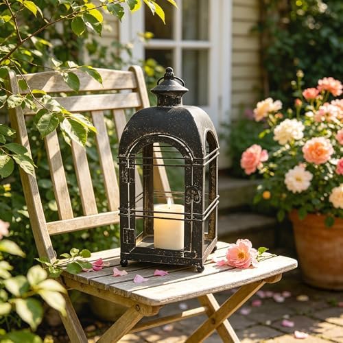 Vintage Farmhouse Metal Candle Lantern - 14 Inches Rustic Distressed Black Lanterns Indoor & Outdoor Decor Hanging Candle Holder Lantern for Garden Front Porch Patio Wedding Christmas (No Glass) - Image 5