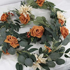 Rinlong Terracotta Flower Garland Eucalyptus Rose Sweetheart Table Decor for Wedding Reception Fall Artificial Floral Garland for Mantle Christmas Decoration Burnt Orange - Image 3