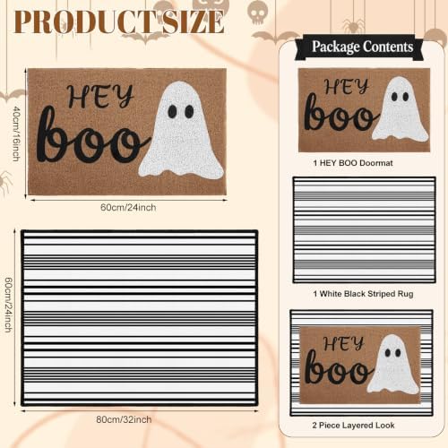 2 Pcs Hey Boo Ghost Halloween Doormats, 16 x 24 in Hey Boo Ghost Door Mat and 24 x 32 in Black White Striped Layering Rug, Fall Porch Decor for Indoor Outdoor Entryway Patio Kitchen Bathroom - Image 3