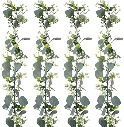 4 Pack Artificial Eucalyptus Garland with White Flowers,5.9FT Greenery Garland Fake Vines Hanging Green Garlands for Table Centerpieces Outdoor Festival Wedding Backdrop Arch Wall Decor by YOUNGLEAVES