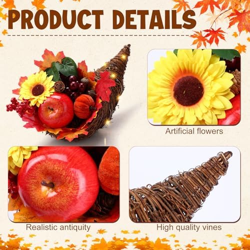 20pcs Thanksgiving Cornucopia Basket Set Fall Table Centerpieces 18inch Horn Cornucopia Centerpiece of Plenty Harvest Decor with Artificial Leave Acorn Fruits Decor for Autumn Dining Table Centerpiece - Image 3