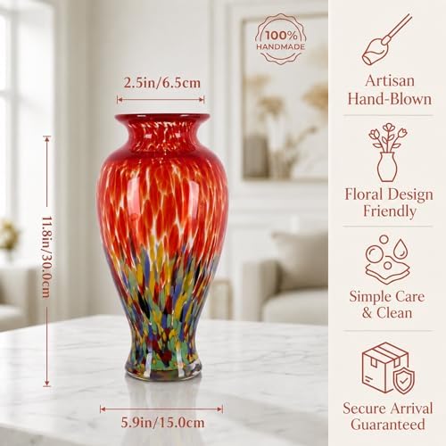 Red Green Hand Blown Glass Vase 11.8" Tall Beautiful Designer Flower Vase - Image 2