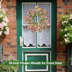 24" Spring Wreaths for Front Door Not Withering Artificial Floral Wreath with Wildflowers Summer Decorations for Indoor Outdoor Window Wall Farmhouse Porch Easter Home Decor Red Orange Purple - Image 5
