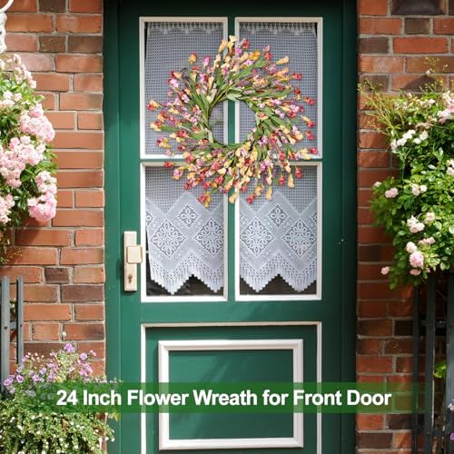 24" Spring Wreaths for Front Door Not Withering Artificial Floral Wreath with Wildflowers Summer Decorations for Indoor Outdoor Window Wall Farmhouse Porch Easter Home Decor Red Orange Purple - Image 5