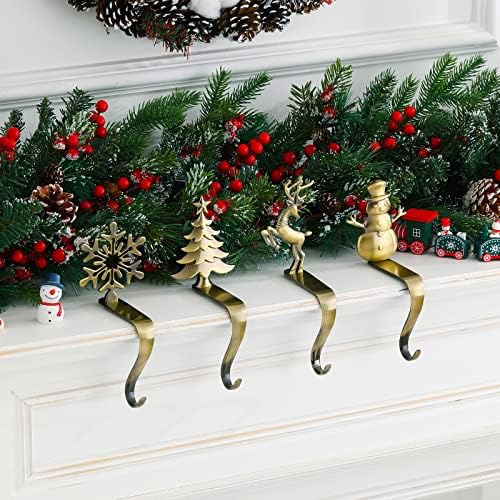 Christmas Stocking Holder - Set of 4 Stocking Hangers Snowman Santa Snowflakes Christmas Tree Deer Stocking Hooks for Fireplace, Shelf, Staircases - Image 5