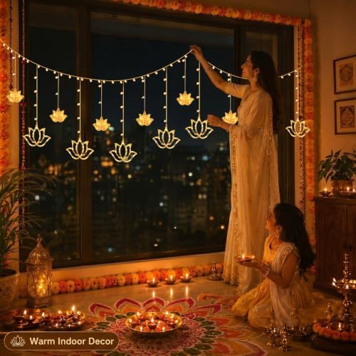 VIHOSE Diwali Lotus Curtain Light 9.84 FT 120 LED Indian Hanging Decor Home - Image 4
