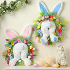 Zeyune 2 Pcs 18.1"x 11.4" Easter Bunny Wreath with Colorful Eggs Artificial Easter Wreath Mixed Flowers Green Leaves Hanging Bunny Shaped with Straw Hat and Bow for Front Door Wall(Bunny Tail) - Image 3