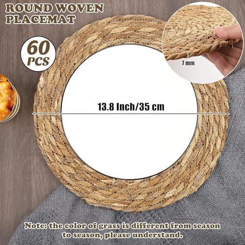 Kochorie Set of 60 Round Woven Placemats 13.8 Inches Bulrush Placemats Natural Hand-Woven Boho Rattan Placemat Wicker Table Mats Farmhouse Weave Place Mats for Home Dining - Image 2
