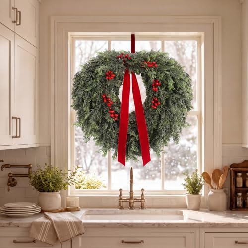 Suncalla 32''Christmas Wreath for Front Door Artificial Cedar Winter Wreath | Wreath with Berry and Ribbon, Lifelike Faux Pine Needle, Fake Greenery Wreath, for Porch Holiday Outdoor Xmas Decor - Image 6