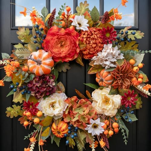 Fall Wreaths for Front Door 24 Inch Autumn Rustic Harvest Pumpkin Wreath by SoomeirWreath