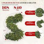 2PCS 6FT Cedar Christmas Garland with Light, Extra Full Artificial Cedar Garland with 840 Tips, LED Lights with 8 Modes, Holiday Greenery Garland for Mantel, Staircase, Doorway Christmas Decor - Image 2