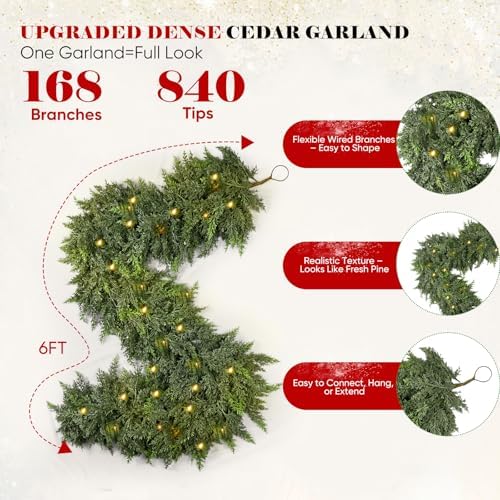 6FT Cedar Christmas Garland with Light, Extra Full Artificial Cedar Garland with 840 Tips, LED Lights with 8 Modes, Holiday Garland for Mantel, Staircase, Doorway - Image 2