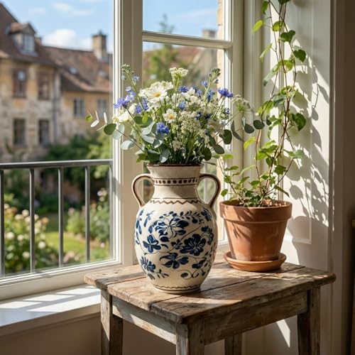 EFISPSS Ceramic Vintage Vase,Spring Decor Unique Chinese Crackle Floral Handle for Dining Room Mantle Living Room,Blue - Image 6