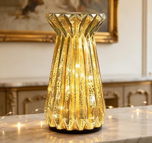 Home Decor, Mercury Glass Pillar Candle Pedestal Holders with 10 Led Lights, Lighted up Candle Holder for Pillar Candle, Candlestick Holders with Timer for Wedding Home Dining Table Xmas (Gold) by CFDECORCandlesandHolders