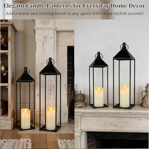 22" 19" Modern Farmhouse Candle Lantern Decor Set of 2 Large Black Metal Candle Lanterns with Flameless Candles, Lanterns Decorative Indoor for Fireplace Mantle Table Outdoor Lanterns for Patio Porch - Image 3