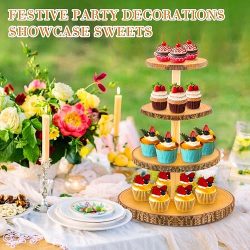 Cupcake Stand Wood Dessert Stands 4 Tier Wooden Cupcake Stand - Large Capacity, Bark-Covered, Varnished, Multi-Functional for Weddings, Baby Showers, and Parties. - Image 3
