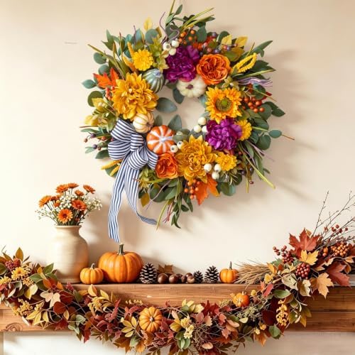 24 Inch Artificial Fall Wreaths for Front Door Outside with Striped Bow - Image 5