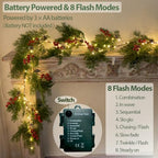 2025 New 6.56FT Christmas Garland Lights with 96 LED 8 Flash Modes Battery Operated Cypress Garland with Timer Lighted Xmas Pine Garland Christmas Decor for Mantle Fireplace Table Stairs Holiday - Image 5