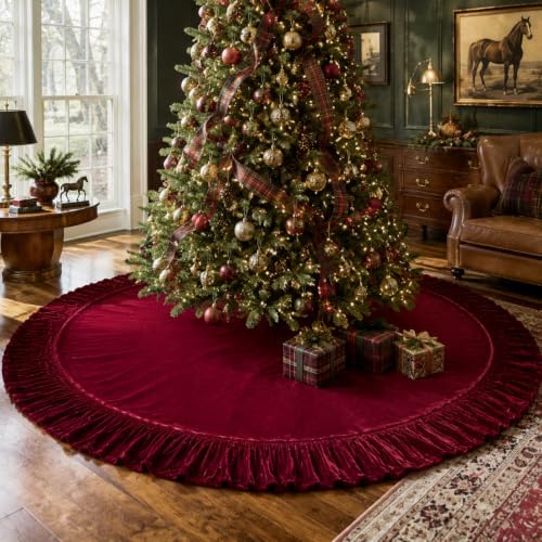 72 Inch Velvet Christmas Vintage Tree Skirt, Burgundy by Motionchic