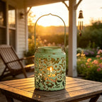 Vintage Metal Candle Lanterns with Handle Rustic Distressed Light Green Decorative Candle Holder with Floral Cut-Out Design for Home, Garden, Patio, Porch, Parties, Weddings Decor - Image 6