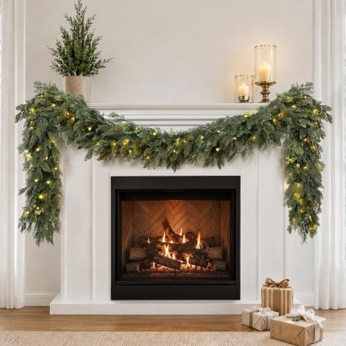 Pre-Lit Christmas Garland 6FT Decorations Real Touch Cedar Cypress Pine Greenery Artificial Green Christmas Garland with Lights for Mantle, Fireplace, Table, Stairs, Door, Indoor Outdoor Decorations by WelcometoAttgreatWeHaveAlwaysFirmlyBelievedEndlessBloomsEndlessCreativity