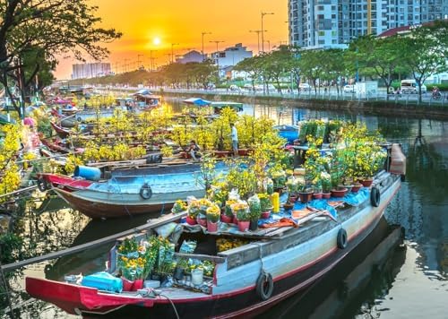 9x6ft Fabric Vietnam Flower Market Backdrop Ho Chi Minh City Canal Flowers Boats Sunset Scenery Background Vietnam Lunar New Year Party Decorations Photo Studio Props by Loccor