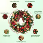 24 Inch Lighted Magnolia Christmas Wreath with 30 Warm White LEDs and Timer, Battery Operated Pre-Lit Artificial Wreath with Magnolia Flowers, Pinecones, Bow and Ornaments for Front Door - Image 4