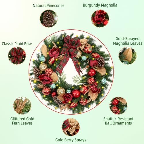 24 Inch Lighted Magnolia Christmas Wreath with 30 Warm White LEDs and Timer, Battery Operated Pre-Lit Artificial Wreath with Magnolia Flowers, Pinecones, Bow and Ornaments for Front Door - Image 4