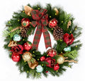 Hykolity 24 Inch Pre-Lit Magnolia Christmas Wreath, Battery Operated Lighted Wreath with 30 Warm White LEDs, Timer, Burgundy Flowers, Plaid Bow, Ornaments and Pinecones for Front Door by hykolity