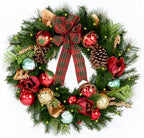 Hykolity 24 Inch Pre-Lit Magnolia Christmas Wreath, Battery Operated Lighted Wreath with 30 Warm White LEDs, Timer, Burgundy Flowers, Plaid Bow, Ornaments and Pinecones for Front Door by hykolity