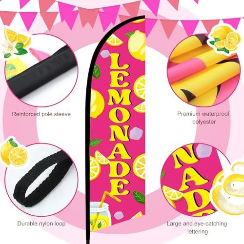 HunnmingRe 2 Set 11ft Pink Lemonade Feather Flag Kit, Large Advertising Swooper Flag Banner with Aluminum & Fiberglass Poles and Ground Stakes, High-visibility Outdoor Sign for Business, Store - Image 4
