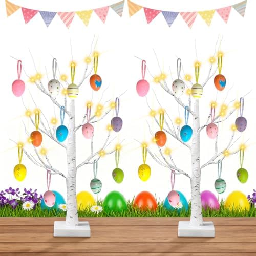 2 Pack Easter Decorations 24 Inch Artificial Lighted Easters Egg Tree, Pre-lit White Birch Tree with 12 Hanging Egg Ornaments for Party Birthday Home Spring Decoration by Tirdkid-BESTGIFTFORTHELOVE