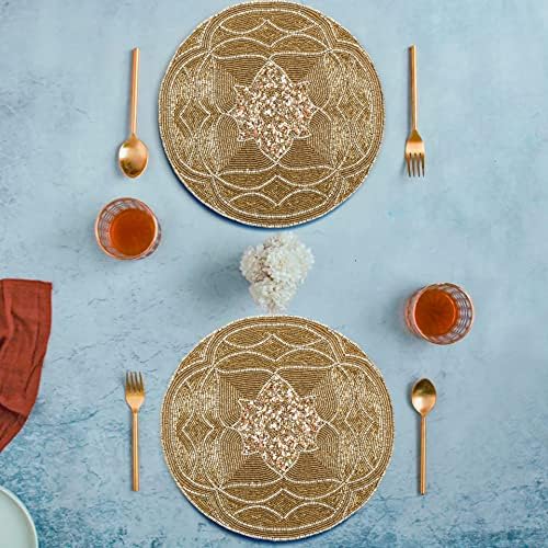 Handmade Beaded Placemat Charger, 13 Inch Round, Set of 2, Beautiful Decorative Dining Table Placemat for Your Dinner Table Décor - Gold Multi - Image 7