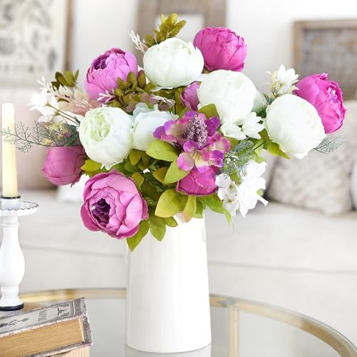 FiveSeasonStuff Mixed White & Fuchsia Artificial Peony Bouquet Set of 2 - Image 4