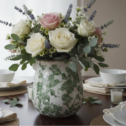 Vintage Green and White Ceramic Floral Vase Planter, Rustic Crackle Glaze Pottery Jar, Hand-Painted Floral Pot Design for Flowers or Plants, Farmhouse & Cottage Home Decor Accent - Image 3