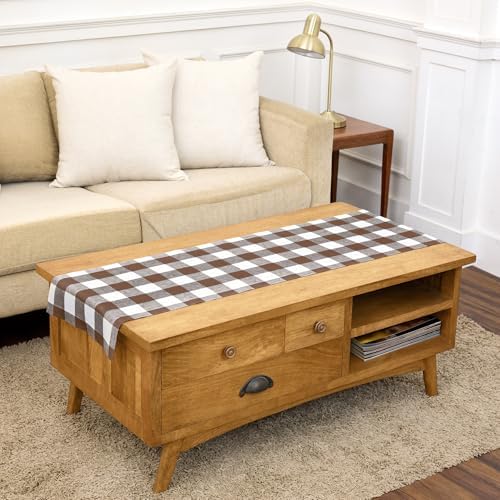 Solino Home 100% Pure Linen Table Runner, 14 x 60 in, Brown and White Check by SolinoHome
