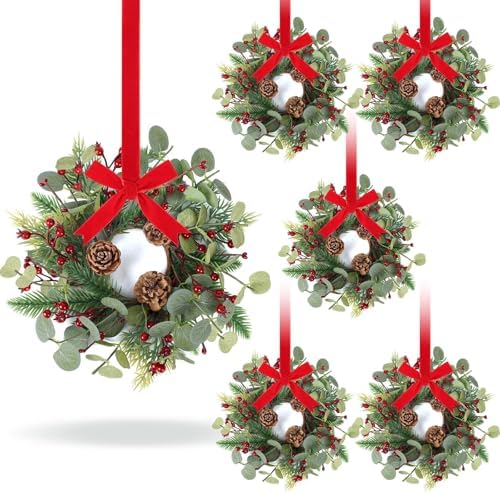 6 PCS Christmas Mini Cabinet Wreath for Kitchen with Ribbon Artificial Eucalyptus Cedar Hanging Garland with Red Berries Pine Cones for Swag Table Centerpiece Door Window Chair Wall Winter Decor by Unknown