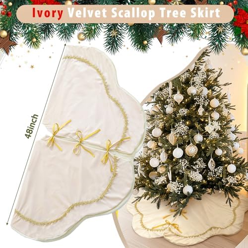 Arrowbash Ivory 48 Inch Christmas Tree Skirt Velvet Scallop Ddge - Image 2