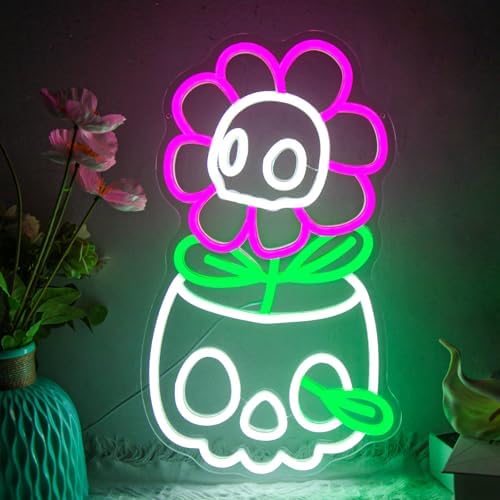 Skull Neon Sign for Wall Decor Halloween LED Sign Dimmable Cute Skull Flower Neon Sign for Boys Girls Bedroom, Game Room, Living Room, Man Cave, Halloween Party Decor Gifts by Mojoish