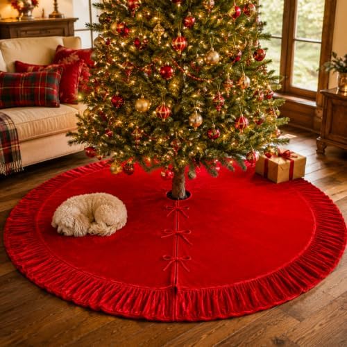72 Inch Velvet Christmas Tree Skirt Vintage Red Tree Skirt - Image 2