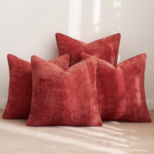 MIULEE Decorative Chenille Pillow Covers Christmas Red 18x18 Pack of 4 by MIULEE