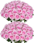 50 PCS Fake Pink Roses, Artificial Flowers Bulk, Realistic Silk Faux Roses by Jefuzh